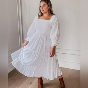 Jessakae Collection Carefree Smocked Midi Dress Sz 1X White Jacquard Cottagecore